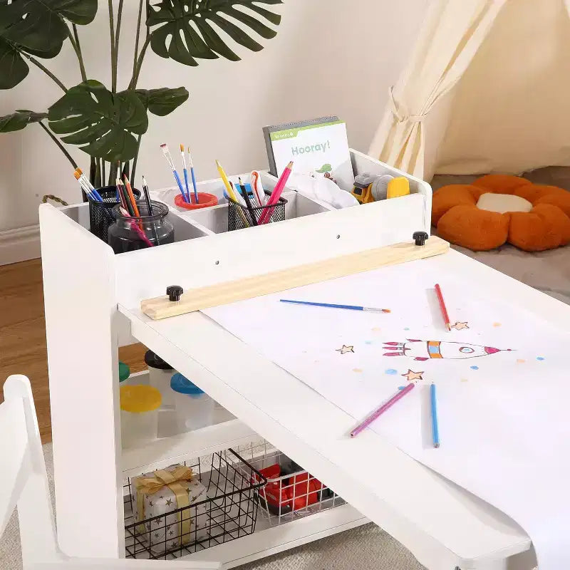 Table d'activités pour enfants avec 2 chaises, bureau artisanal en bois avec étagères de rangement, tables d'activités pour enfants de 2 à 10 ans, table à dessin