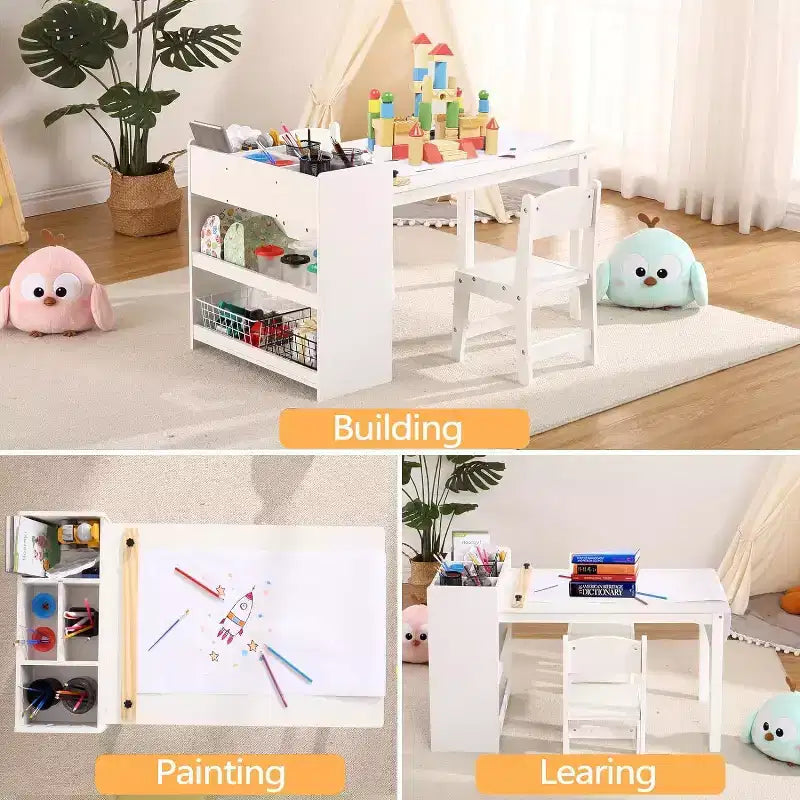 Table d'activités pour enfants avec 2 chaises, bureau artisanal en bois avec étagères de rangement, tables d'activités pour enfants de 2 à 10 ans, table à dessin