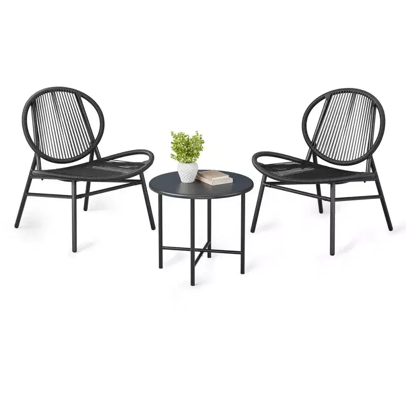 3 Piece Patio Bistro Set with 2 Chairs and Small Table, Acapulco Modern Rattan Furniture Set for Patio, Garden, Balcony, Black
