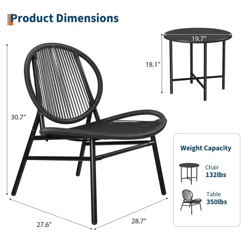Ensemble bistrot 3 pièces pour terrasse avec 2 chaises et une petite table, salon de jardin moderne Acapulco en rotin pour patio, jardin, balcon, noir