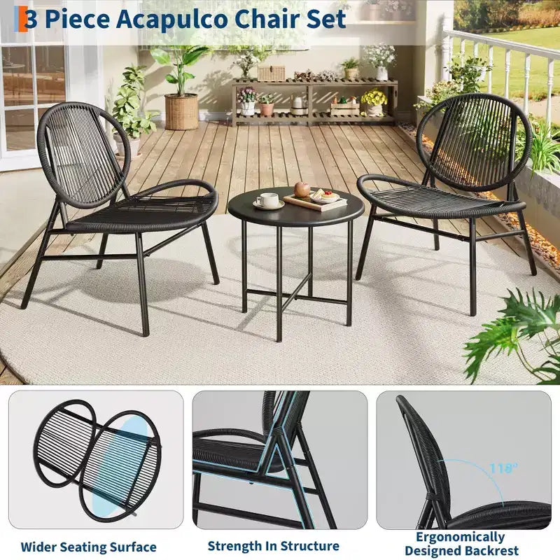 Ensemble bistrot 3 pièces pour terrasse avec 2 chaises et une petite table, salon de jardin moderne Acapulco en rotin pour patio, jardin, balcon, noir