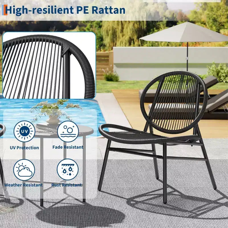 Ensemble bistrot 3 pièces pour terrasse avec 2 chaises et une petite table, salon de jardin moderne Acapulco en rotin pour patio, jardin, balcon, noir