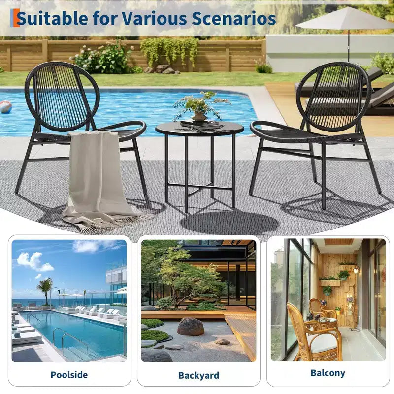 Ensemble bistrot 3 pièces pour terrasse avec 2 chaises et une petite table, salon de jardin moderne Acapulco en rotin pour patio, jardin, balcon, noir