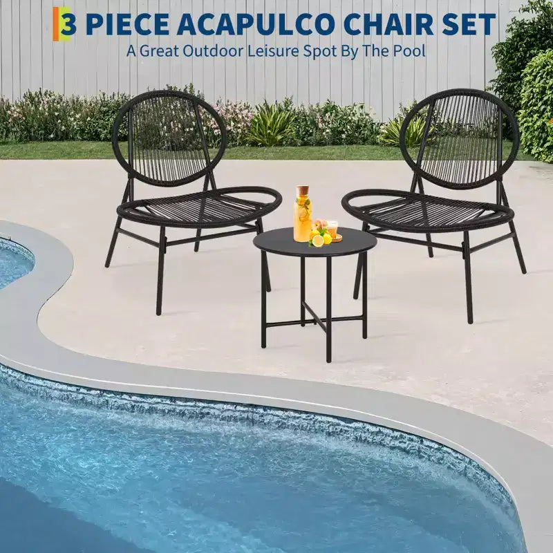Ensemble bistrot 3 pièces pour terrasse avec 2 chaises et une petite table, salon de jardin moderne Acapulco en rotin pour patio, jardin, balcon, noir