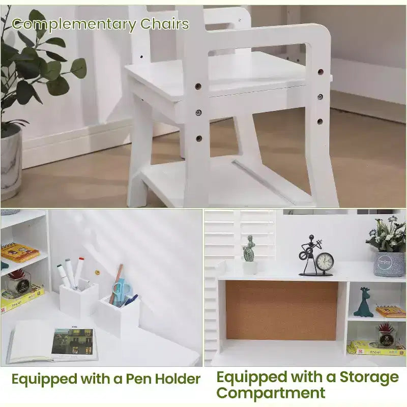 Bureau et chaise d'étude tout-en-un pour enfants avec chaise réglable, étagère, panneau de liège et organiseurs. Un coin d'apprentissage compact pour l'école à la maison ou la chambre.
