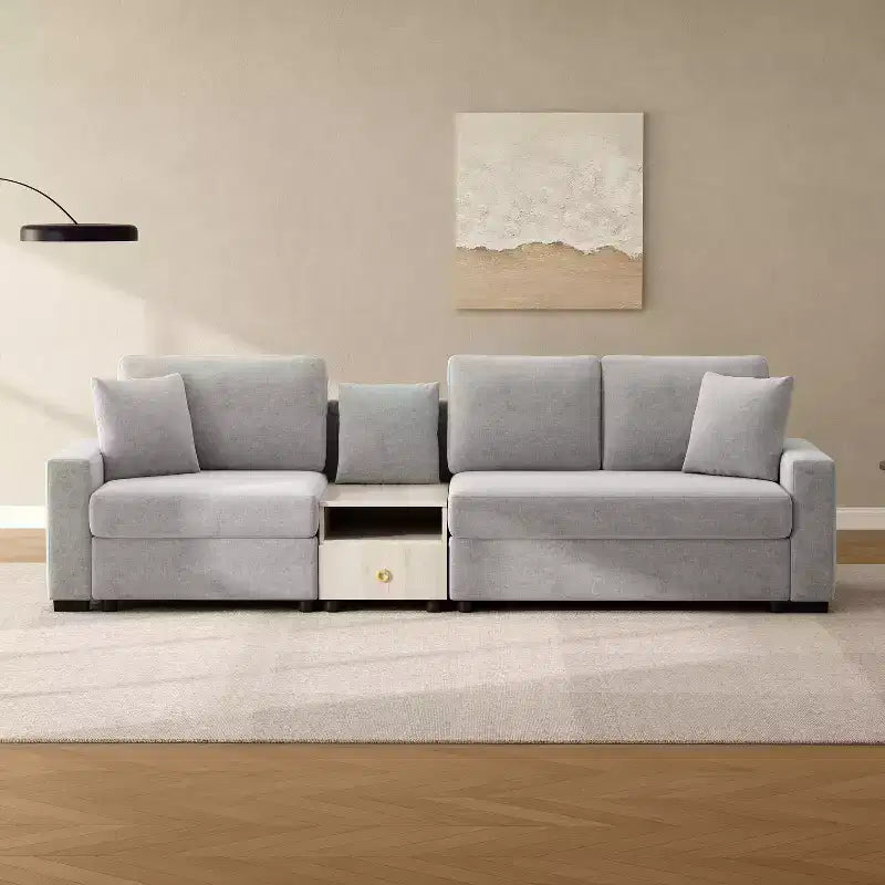 Christopher Knight Home Yira Canapé d'angle moderne 3 places en chenille de 283 cm avec console, accoudoir de rangement et oreillers