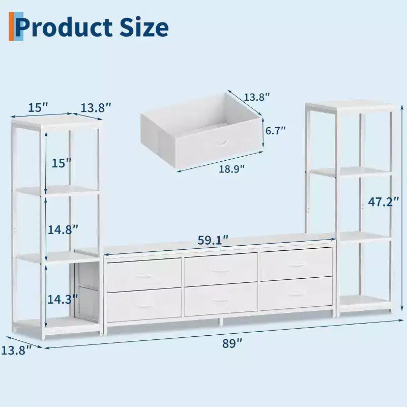 Meuble TV moderne avec commode à 6 tiroirs en tissu et 2 étagères industrielles à 4 niveaux – Grand centre de divertissement pour salon.