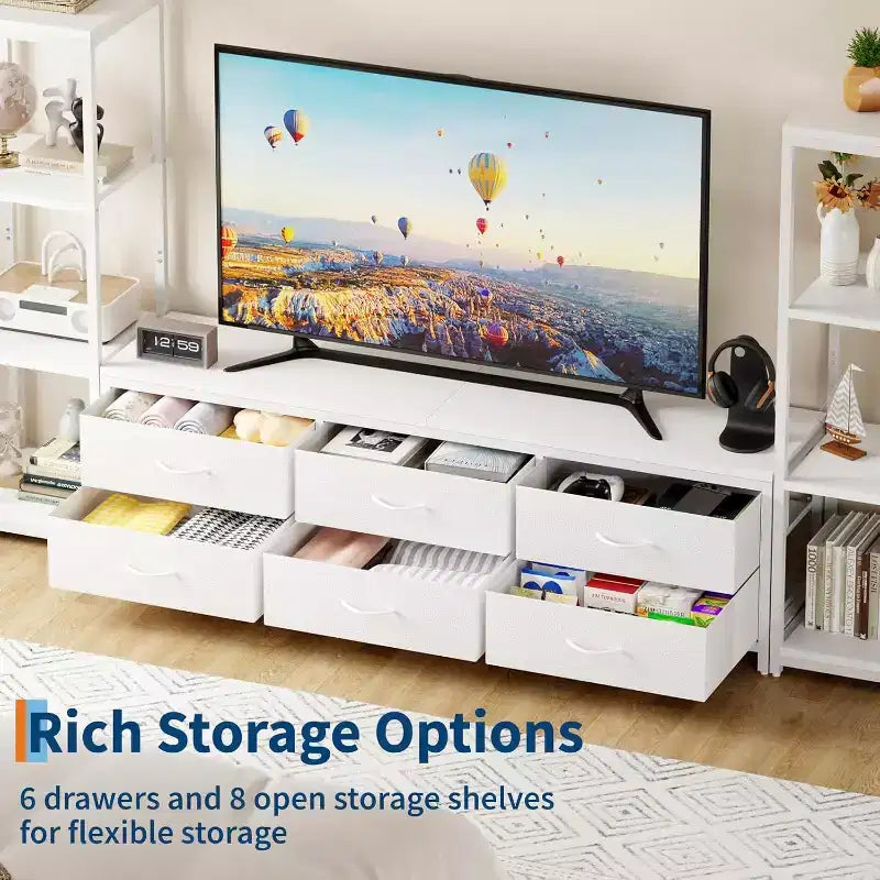 Meuble TV moderne avec commode à 6 tiroirs en tissu et 2 étagères industrielles à 4 niveaux – Grand centre de divertissement pour salon.