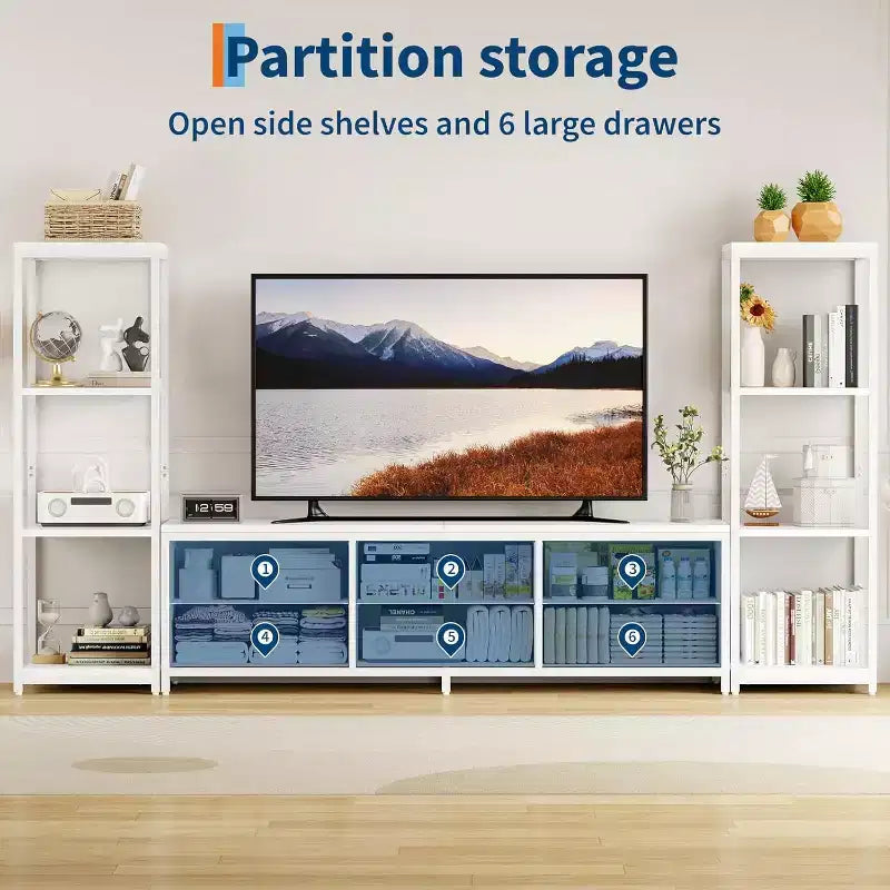 Meuble TV moderne avec commode à 6 tiroirs en tissu et 2 étagères industrielles à 4 niveaux – Grand centre de divertissement pour salon.