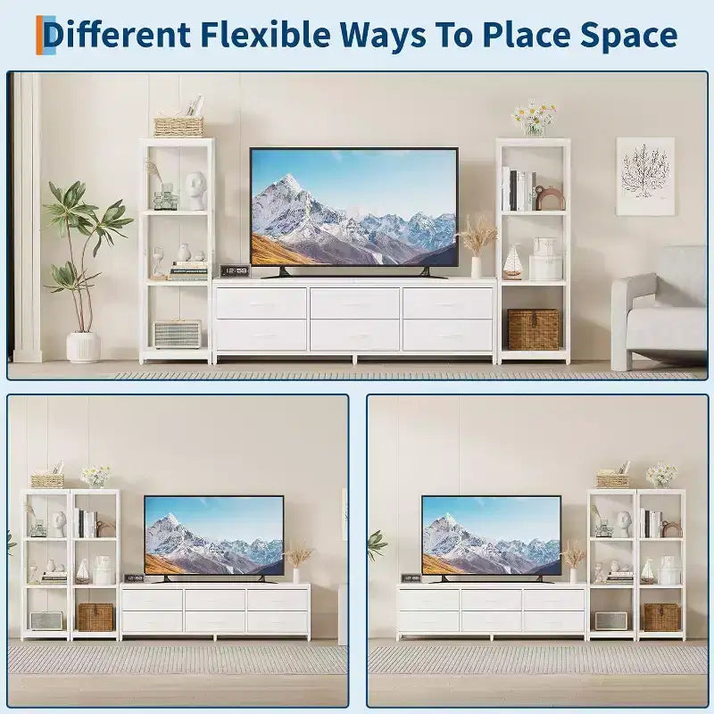 Meuble TV moderne avec commode à 6 tiroirs en tissu et 2 étagères industrielles à 4 niveaux – Grand centre de divertissement pour salon.