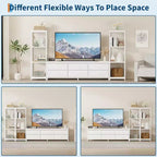 Meuble TV moderne avec commode à 6 tiroirs en tissu et 2 étagères industrielles à 4 niveaux – Grand centre de divertissement pour salon.