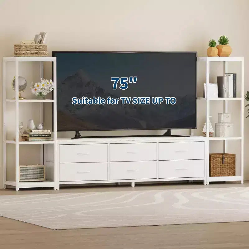 Meuble TV moderne avec commode à 6 tiroirs en tissu et 2 étagères industrielles à 4 niveaux – Grand centre de divertissement pour salon.