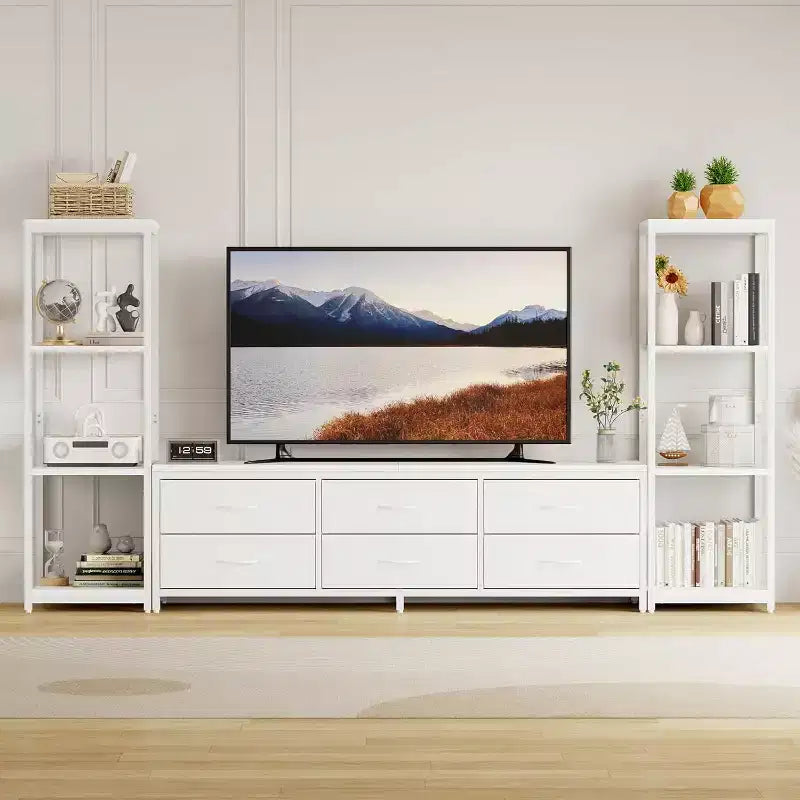Meuble TV moderne avec commode à 6 tiroirs en tissu et 2 étagères industrielles à 4 niveaux – Grand centre de divertissement pour salon.
