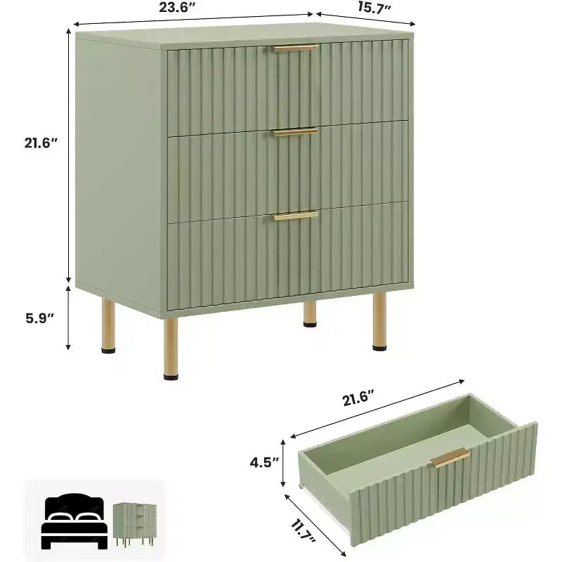 Commode Acekool à 3 tiroirs, table de chevet cannelée moderne avec tiroirs profonds et pieds dorés, petite table d'appoint pour chambre ou salon