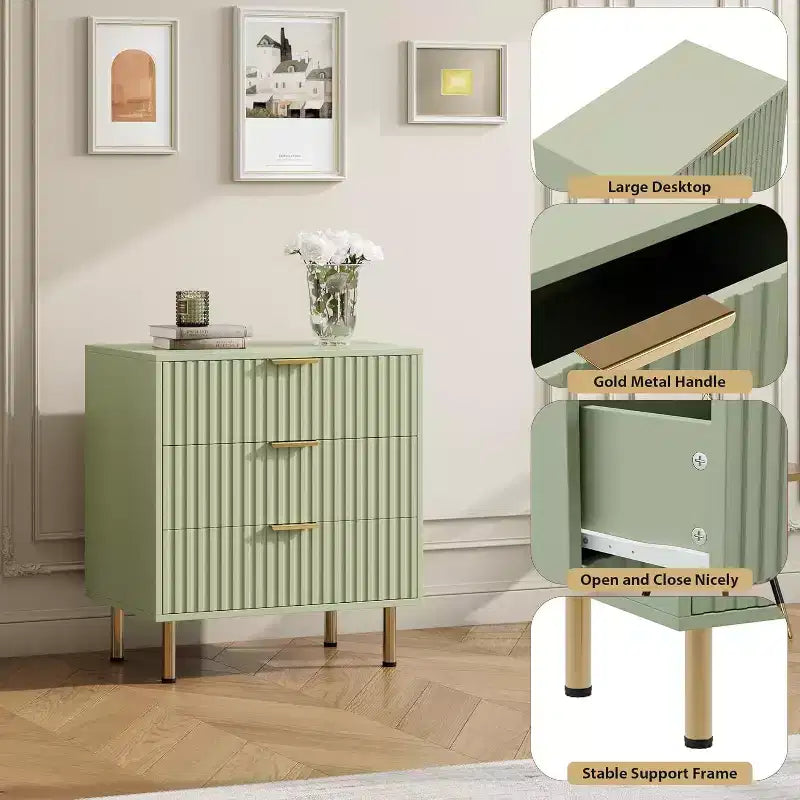 Commode Acekool à 3 tiroirs, table de chevet cannelée moderne avec tiroirs profonds et pieds dorés, petite table d'appoint pour chambre ou salon