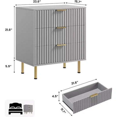 Commode Acekool à 3 tiroirs, table de chevet cannelée moderne avec tiroirs profonds et pieds dorés, petite table d'appoint pour chambre ou salon