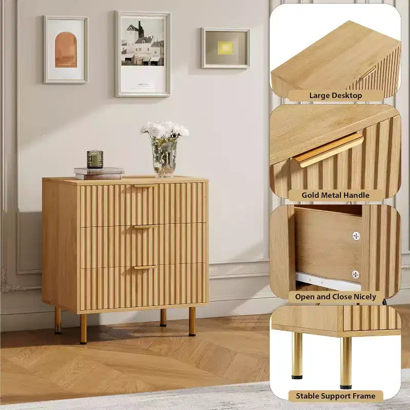 Commode Acekool à 3 tiroirs, table de chevet cannelée moderne avec tiroirs profonds et pieds dorés, petite table d'appoint pour chambre ou salon