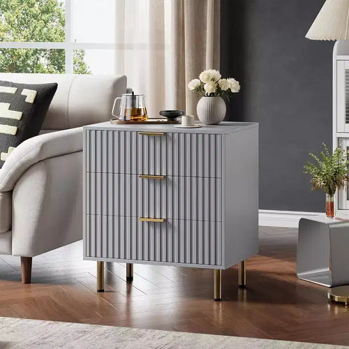 Acekool 3 Drawer Dresser, Modern Fluted Nightstand with Deep Drawers & Gold Legs, Small Side Table Organizer for Bedroom or Living Room