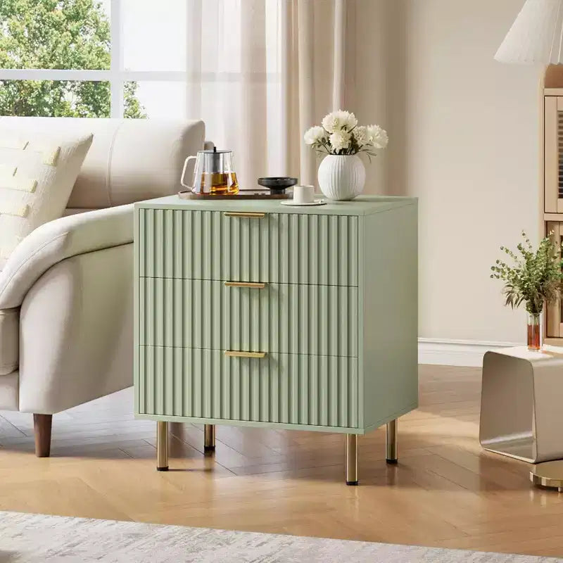 Commode Acekool à 3 tiroirs, table de chevet cannelée moderne avec tiroirs profonds et pieds dorés, petite table d'appoint pour chambre ou salon