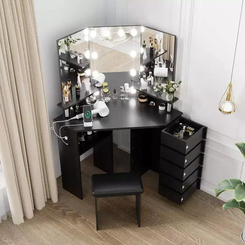 Acekool Corner Vanity Desk with Mirror, 5 Rotating Drawers, Shelves and Stool, Space-Saving Makeup Dressing Table