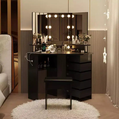 Coiffeuse d'angle Acekool avec miroir, 5 tiroirs pivotants, étagères et tabouret, table de maquillage peu encombrante