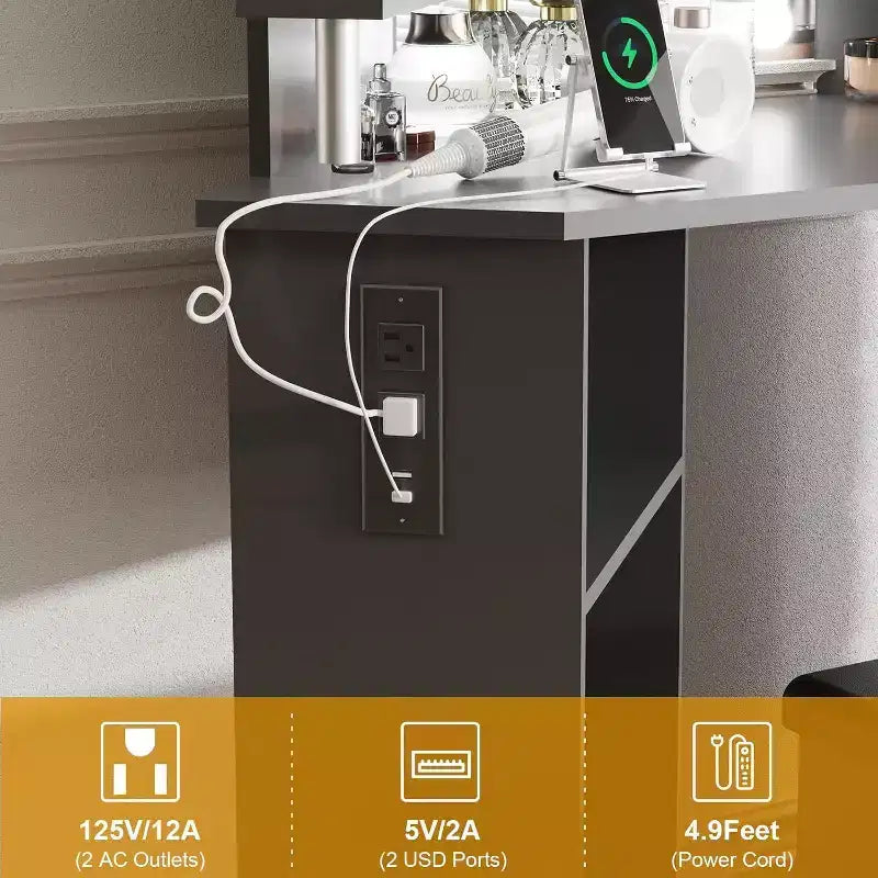 Coiffeuse d'angle Acekool avec miroir, 5 tiroirs pivotants, étagères et tabouret, table de maquillage peu encombrante