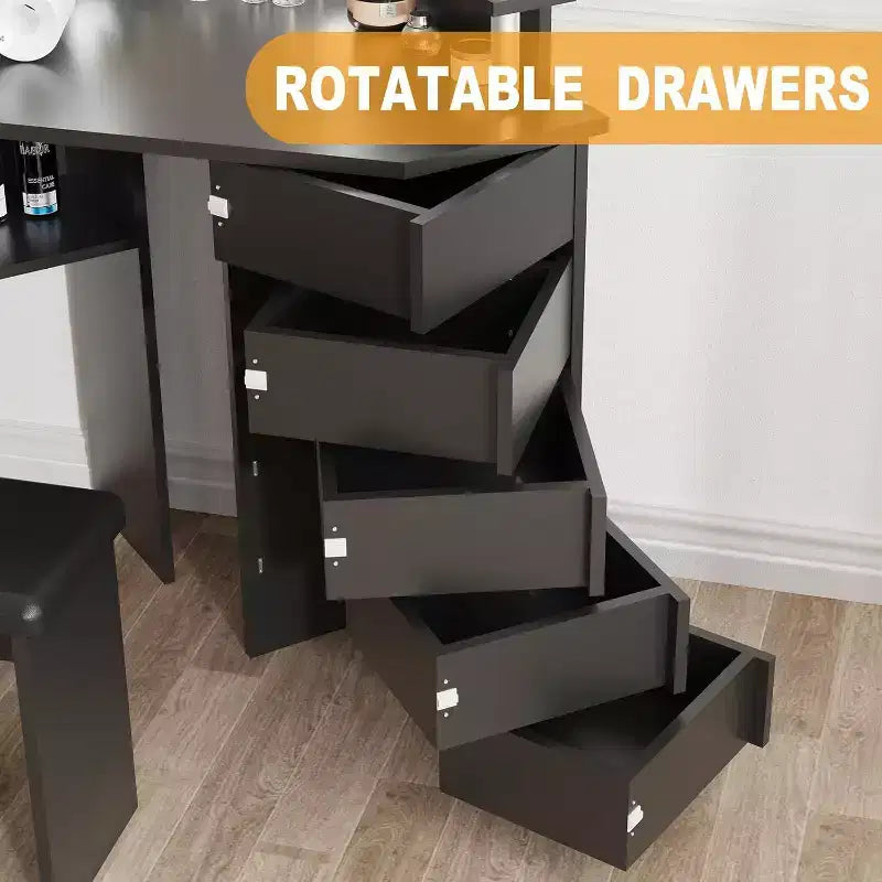 Coiffeuse d'angle Acekool avec miroir, 5 tiroirs pivotants, étagères et tabouret, table de maquillage peu encombrante