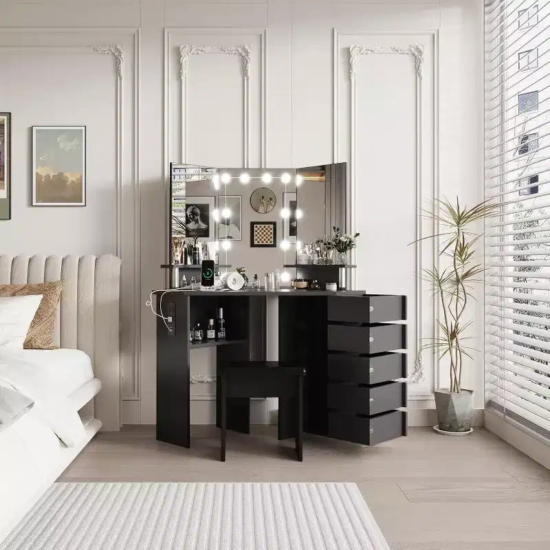 Coiffeuse d'angle Acekool avec miroir, 5 tiroirs pivotants, étagères et tabouret, table de maquillage peu encombrante