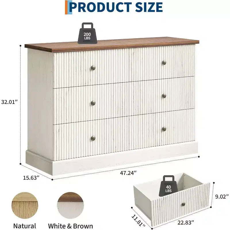 Commode 6 tiroirs cannelée 47 po avec poignées en métal, grande commode moderne en bois pour chambre à coucher, chambre d'amis et appartement