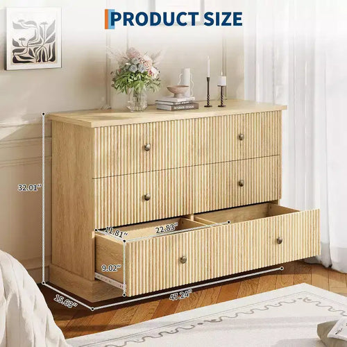 Commode 6 tiroirs cannelée 47 po avec poignées en métal, grande commode moderne en bois pour chambre à coucher, chambre d'amis et appartement