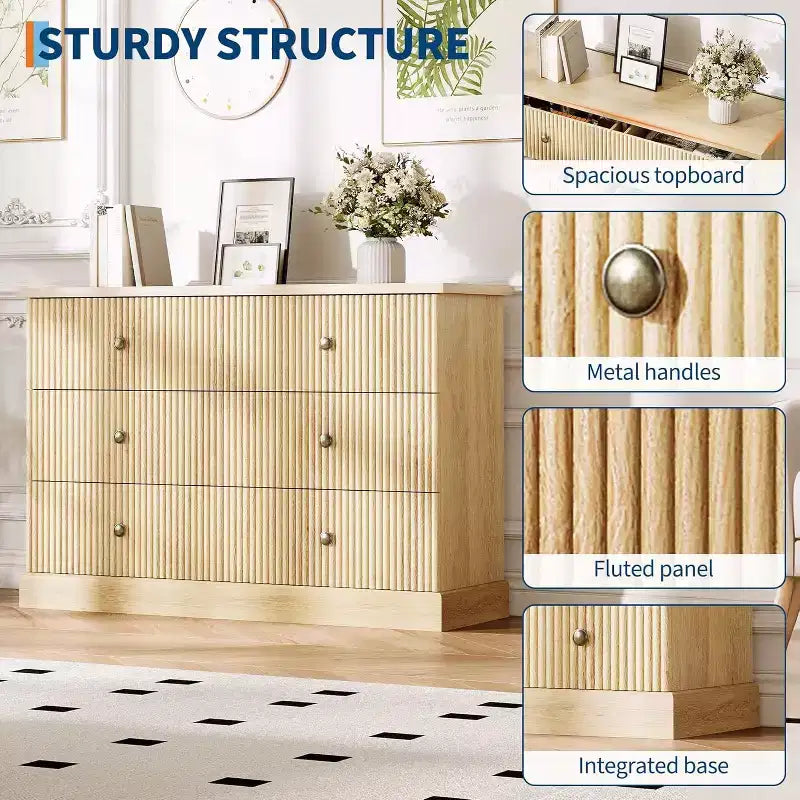 Commode 6 tiroirs cannelée 47 po avec poignées en métal, grande commode moderne en bois pour chambre à coucher, chambre d'amis et appartement