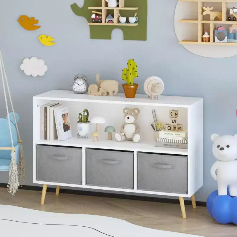 Étagère à livres pour enfants avec tiroirs en tissu pliables, présentoir à livres pour enfants, meuble de rangement pour jouets, blanc/gris