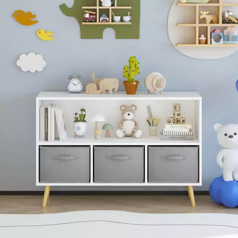 Étagère à livres pour enfants avec tiroirs en tissu pliables, présentoir à livres pour enfants, meuble de rangement pour jouets, blanc/gris