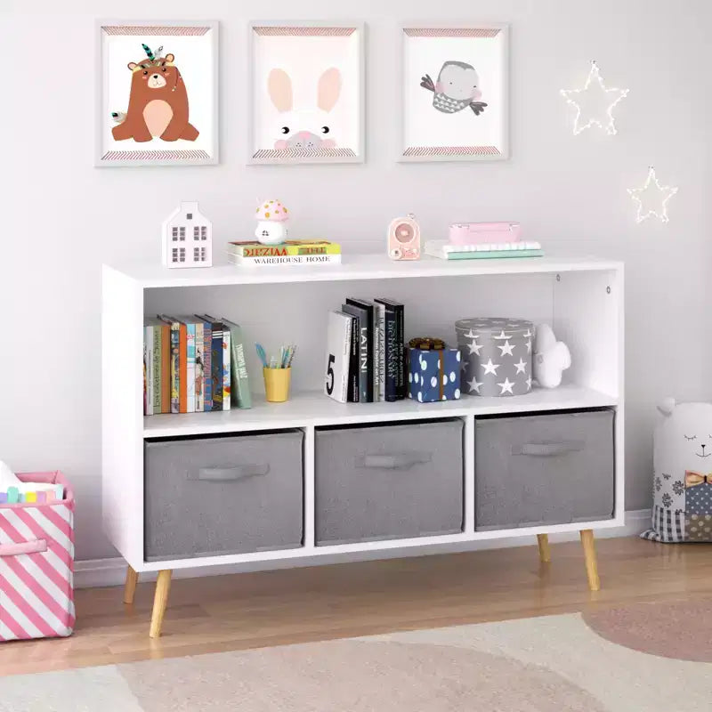Étagère à livres pour enfants avec tiroirs en tissu pliables, présentoir à livres pour enfants, meuble de rangement pour jouets, blanc/gris