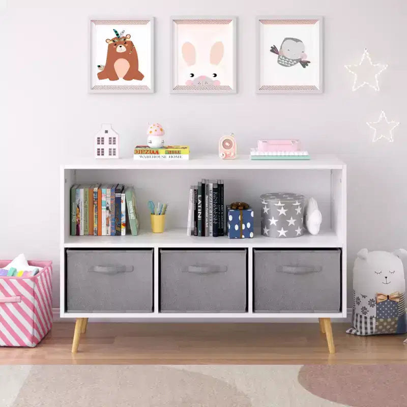 Étagère à livres pour enfants avec tiroirs en tissu pliables, présentoir à livres pour enfants, meuble de rangement pour jouets, blanc/gris