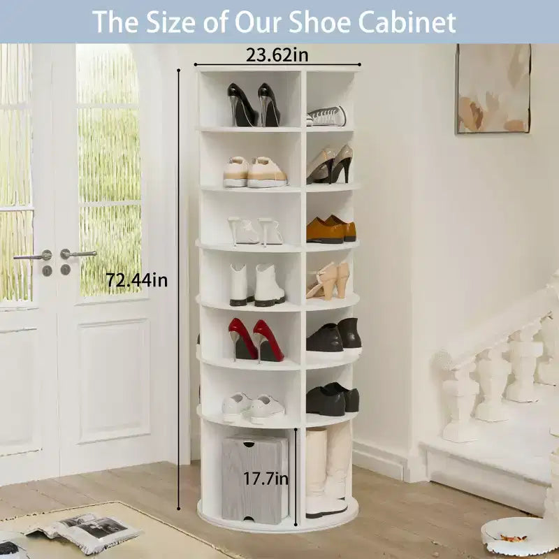 JVNOXK7 - Tour à chaussures rotative à 7 niveaux, présentoir de rangement rotatif à 360° sur pied, tour à chaussures avec base surélevée et plateau de rangement rotatif - Blanc