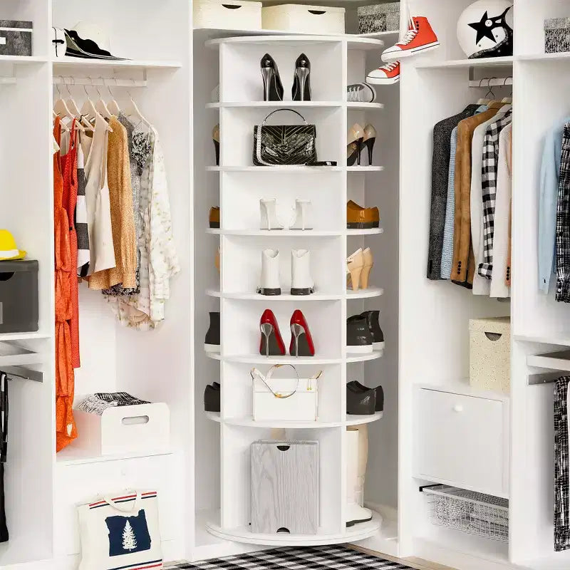 JVNOXK7 - Tour à chaussures rotative à 7 niveaux, présentoir de rangement rotatif à 360° sur pied, tour à chaussures avec base surélevée et plateau de rangement rotatif - Blanc