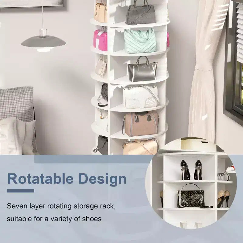 JVNOXK7 - Tour à chaussures rotative à 7 niveaux, présentoir de rangement rotatif à 360° sur pied, tour à chaussures avec base surélevée et plateau de rangement rotatif - Blanc