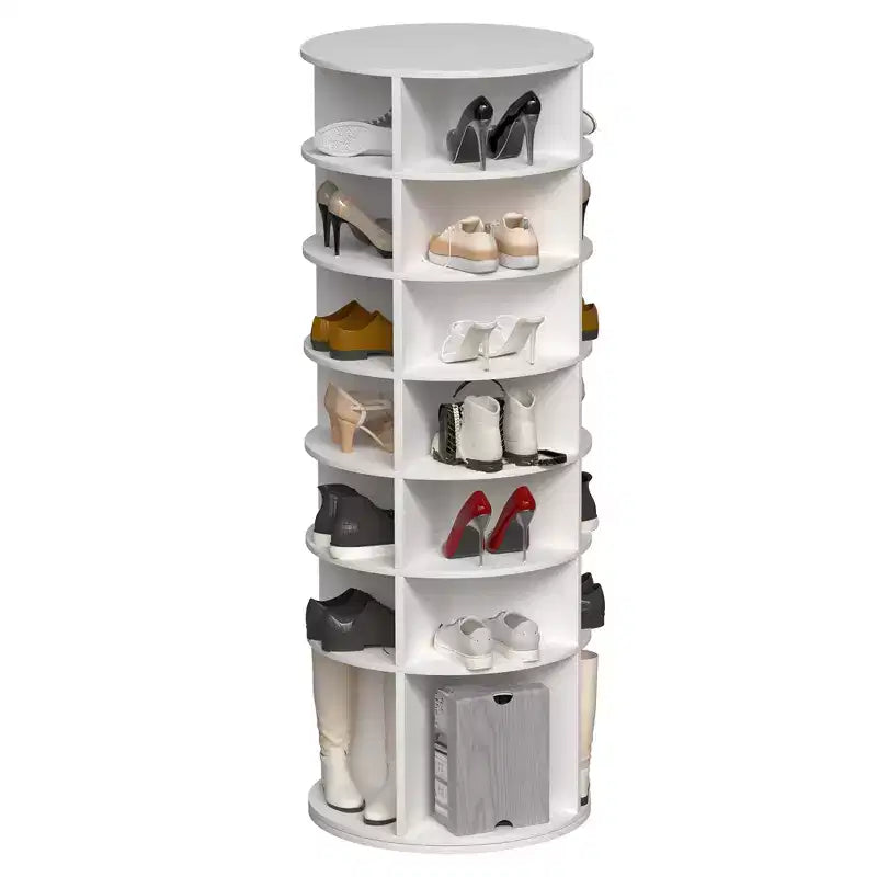 JVNOXK7 - Tour à chaussures rotative à 7 niveaux, présentoir de rangement rotatif à 360° sur pied, tour à chaussures avec base surélevée et plateau de rangement rotatif - Blanc