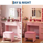 DAY & NIGHT 54.7 Coiffeuse Lumineuse avec Tabouret de Rangement, Tiroirs, Étagères Ouvertes, Miroir 3 Tons, 4 Tiroirs, Tabouret Électrique et Cadre Métallique, Rose