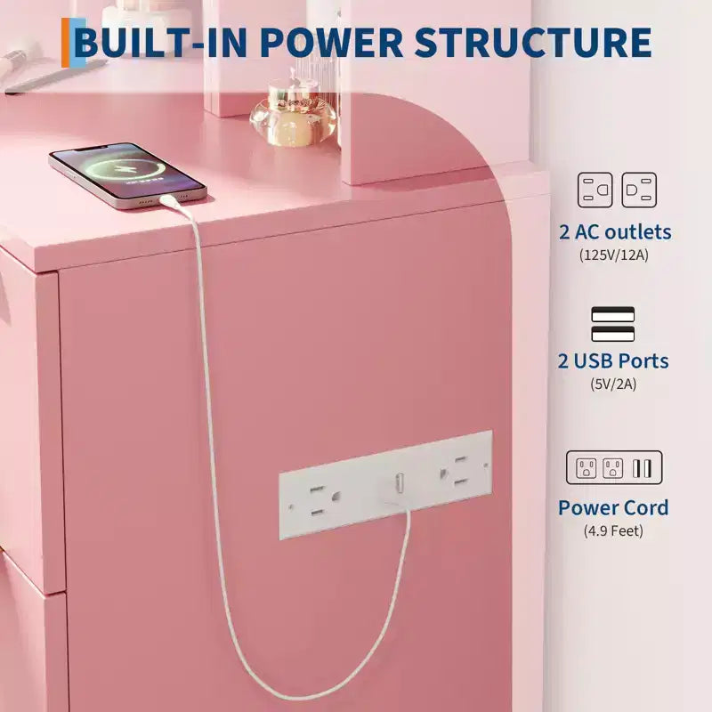 DAY & NIGHT 54.7 Coiffeuse Lumineuse avec Tabouret de Rangement, Tiroirs, Étagères Ouvertes, Miroir 3 Tons, 4 Tiroirs, Tabouret Électrique et Cadre Métallique, Rose