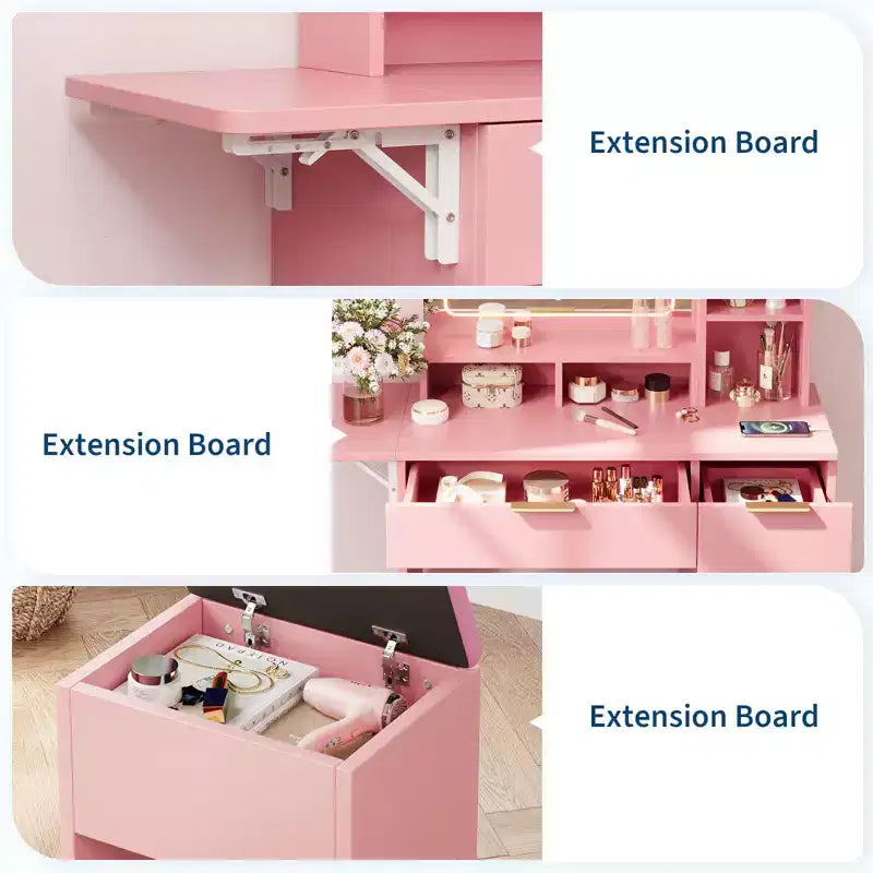 DAY & NIGHT 54.7 Coiffeuse Lumineuse avec Tabouret de Rangement, Tiroirs, Étagères Ouvertes, Miroir 3 Tons, 4 Tiroirs, Tabouret Électrique et Cadre Métallique, Rose