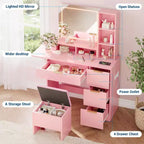 DAY & NIGHT 54.7 Coiffeuse Lumineuse avec Tabouret de Rangement, Tiroirs, Étagères Ouvertes, Miroir 3 Tons, 4 Tiroirs, Tabouret Électrique et Cadre Métallique, Rose