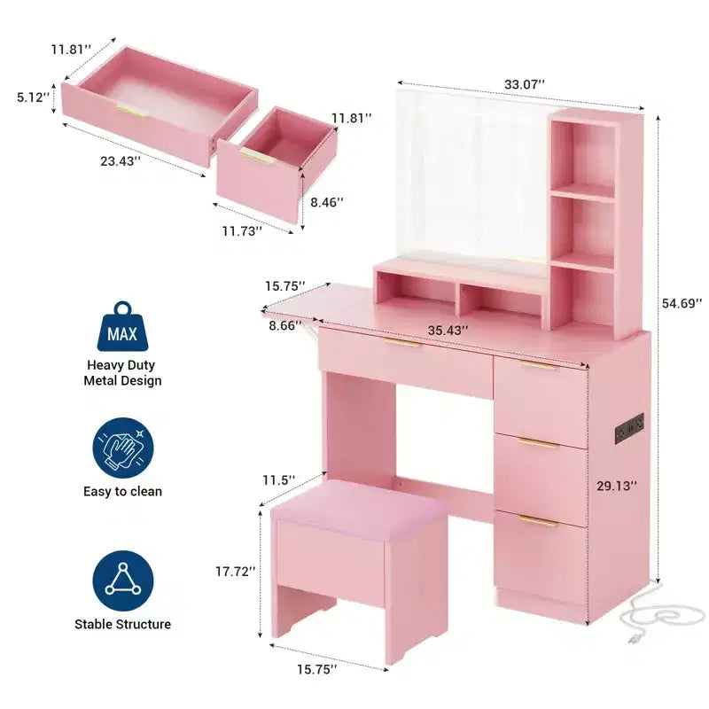 DAY & NIGHT 54.7 Coiffeuse Lumineuse avec Tabouret de Rangement, Tiroirs, Étagères Ouvertes, Miroir 3 Tons, 4 Tiroirs, Tabouret Électrique et Cadre Métallique, Rose