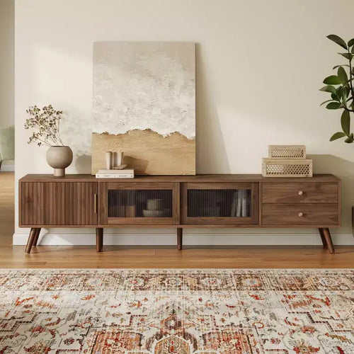 76 Inch Modern Minimal Glass-Doors TV Stand for TVs up to 85 Inches with Storage Cabinets for Living Room Bedroom