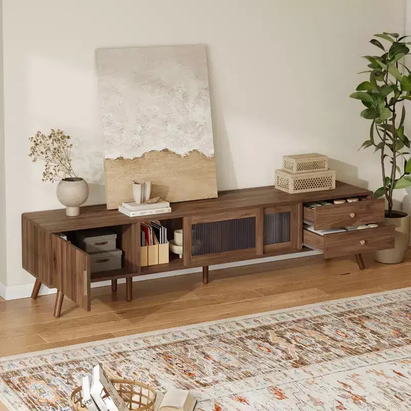 Meuble TV moderne et minimaliste de 76 pouces avec portes vitrées pour téléviseurs jusqu'à 85 pouces, avec armoires de rangement pour salon et chambre