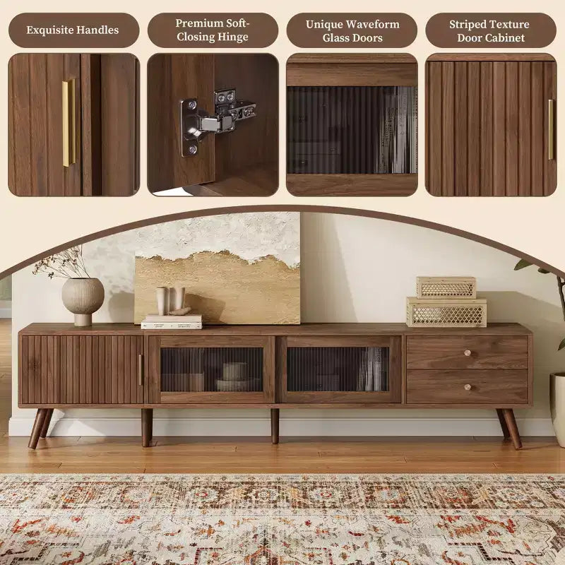 Meuble TV moderne et minimaliste de 76 pouces avec portes vitrées pour téléviseurs jusqu'à 85 pouces, avec armoires de rangement pour salon et chambre