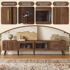 Meuble TV moderne et minimaliste de 76 pouces avec portes vitrées pour téléviseurs jusqu'à 85 pouces, avec armoires de rangement pour salon et chambre
