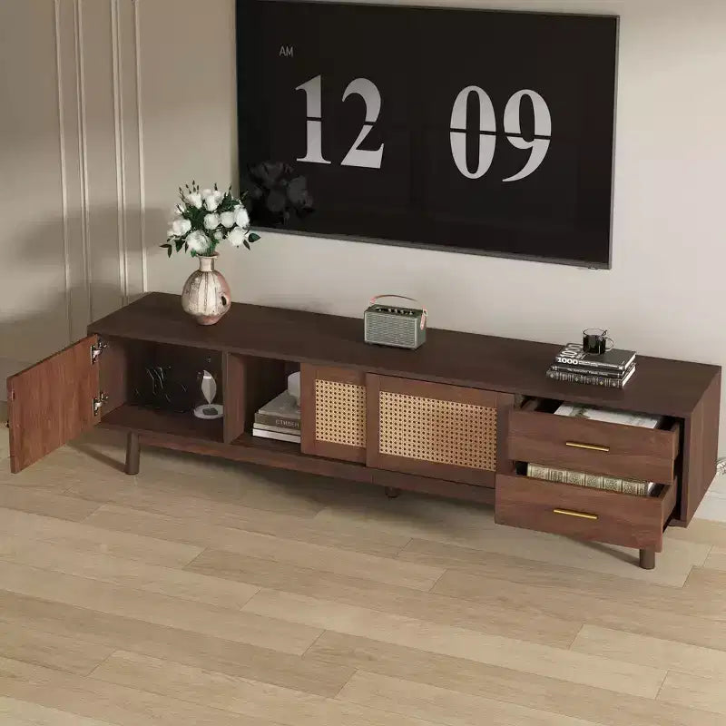 Meuble TV moderne pour téléviseurs de 80 pouces, meuble TV avec portes coulissantes et tiroirs de rangement pour salon ou chambre à coucher