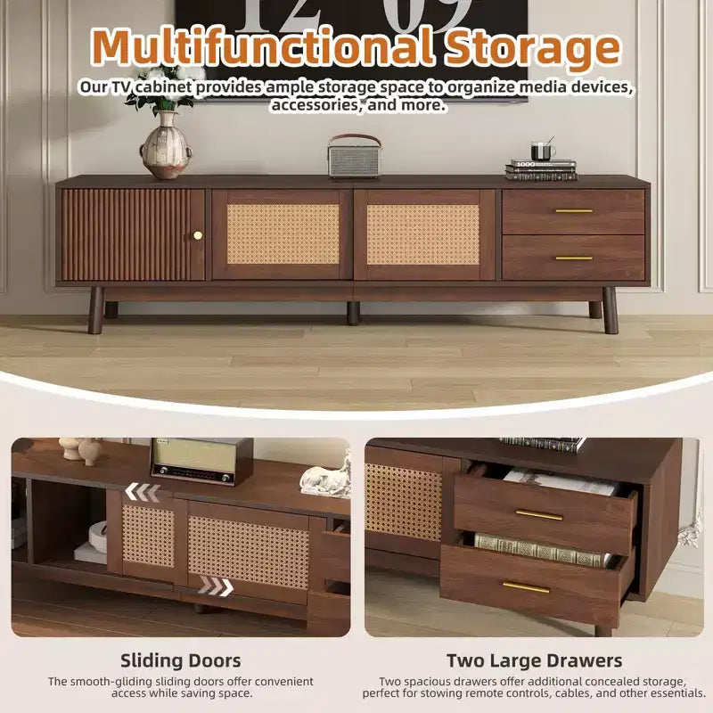 Meuble TV moderne pour téléviseurs de 80 pouces, meuble TV avec portes coulissantes et tiroirs de rangement pour salon ou chambre à coucher